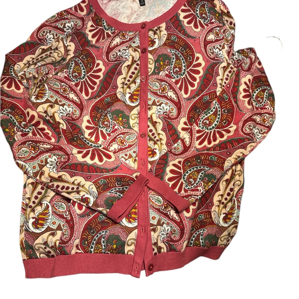 Talbots button front rust and Cream Paisley Cardigan